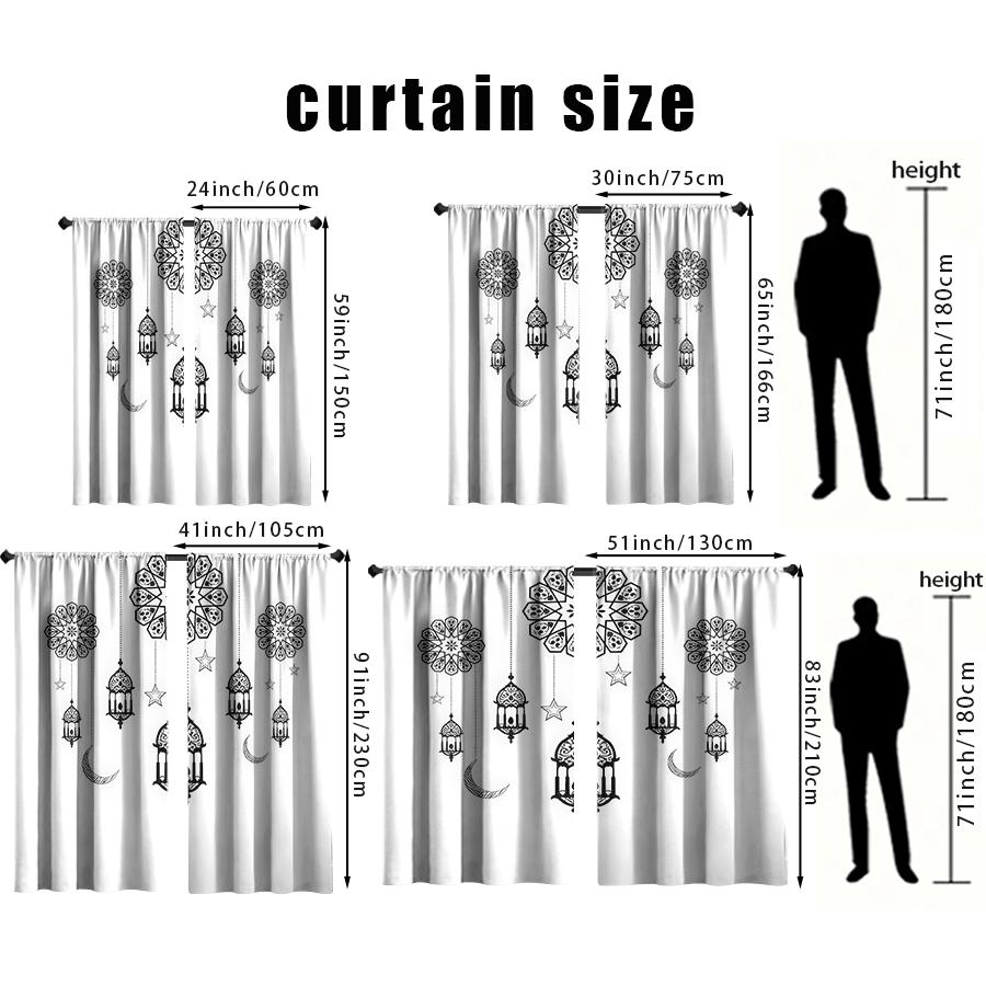 2pcs Black Islamic Pattern Lantern & Crescent Curtains, Perfect for Ramadan/Eid Window Decor, Rod Pocket Curtains