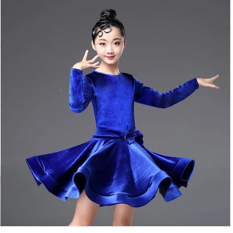 

Бархатное платье с длинным рукавом для детских латиноамериканских танцев, для девочек, соревнований, бальных танцев, детское, танго, сальса, танцевальная одежда, одежда для тренировок, ча-ча 110 синий