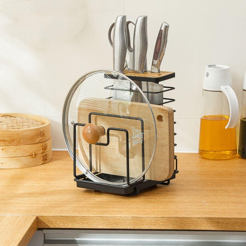 Large Capacity Cutlery Inserted Block Storage Tank Black/White Pot Cover Stand  for Kitchen