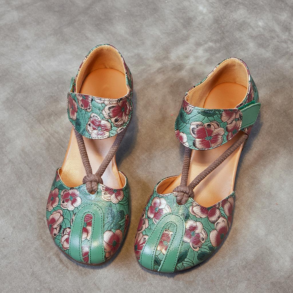 Johnature Letní dámské boty etnického stylu z pravé kůže, embosované, s tlustým podpatkem, s měkkou podrážkou, vintage sandály