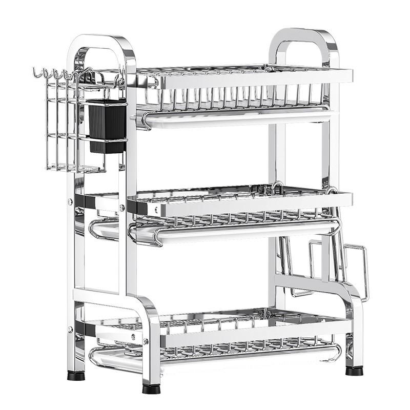 Stainless Steel 3-Tier Dish Drying Rack Kitchen Countertop Adjustable Size Heavy-Duty Bowl Plate Organizer With Drainage