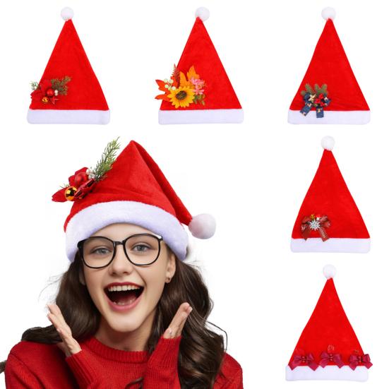 Čepice Santa Clause pro dospělé Plyšová červená sametová čepice Santa Clause s mašlí/slunečnicí/zvonkem/sněhovou vločkou