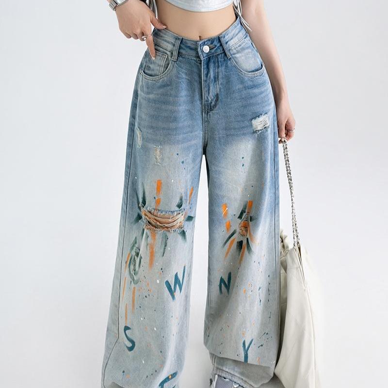 Graffiti Ripped High Waist Denim Wide Leg Pants Stretch Comfortable Street Fashion