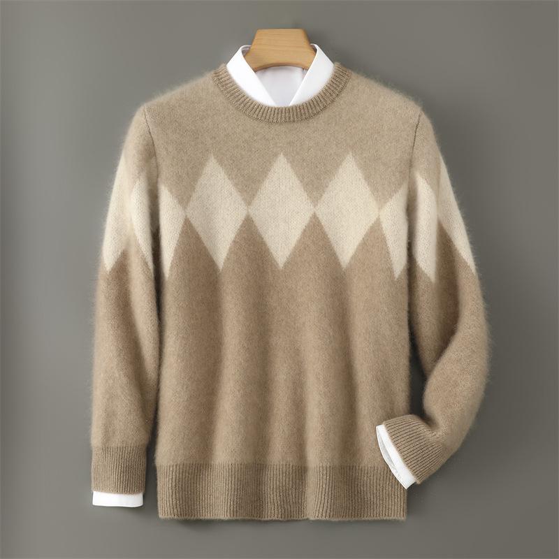 Men's Diamond Pattern Wool Sweater - Color Block Round Neck Pullover for Autumn & Winter.