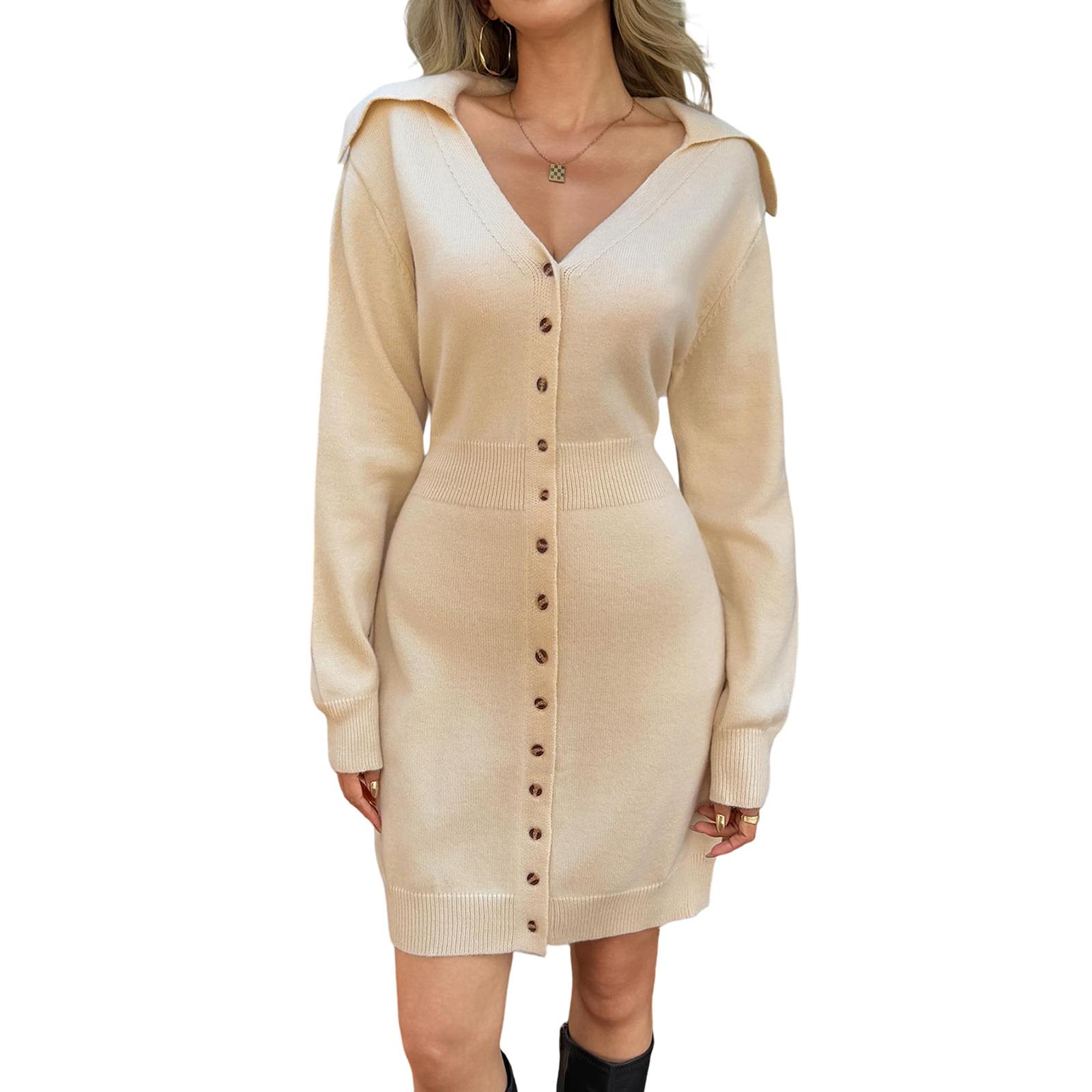 

Women s Sweater Dress Long Sleeve Button Short Skirt V-neck Fall And Winter Dress L