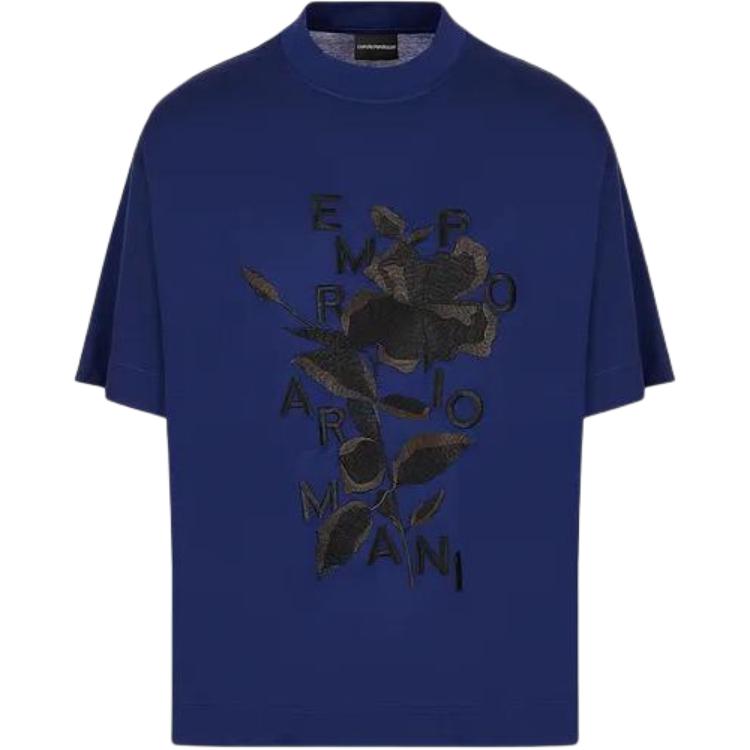 Emporio Armani Groot Bloemig Borduurwerk Ronde Hals Korte Mouw T-shirt Heren tops Blauw 3R1TBC-1JUVZ-0862 2XL