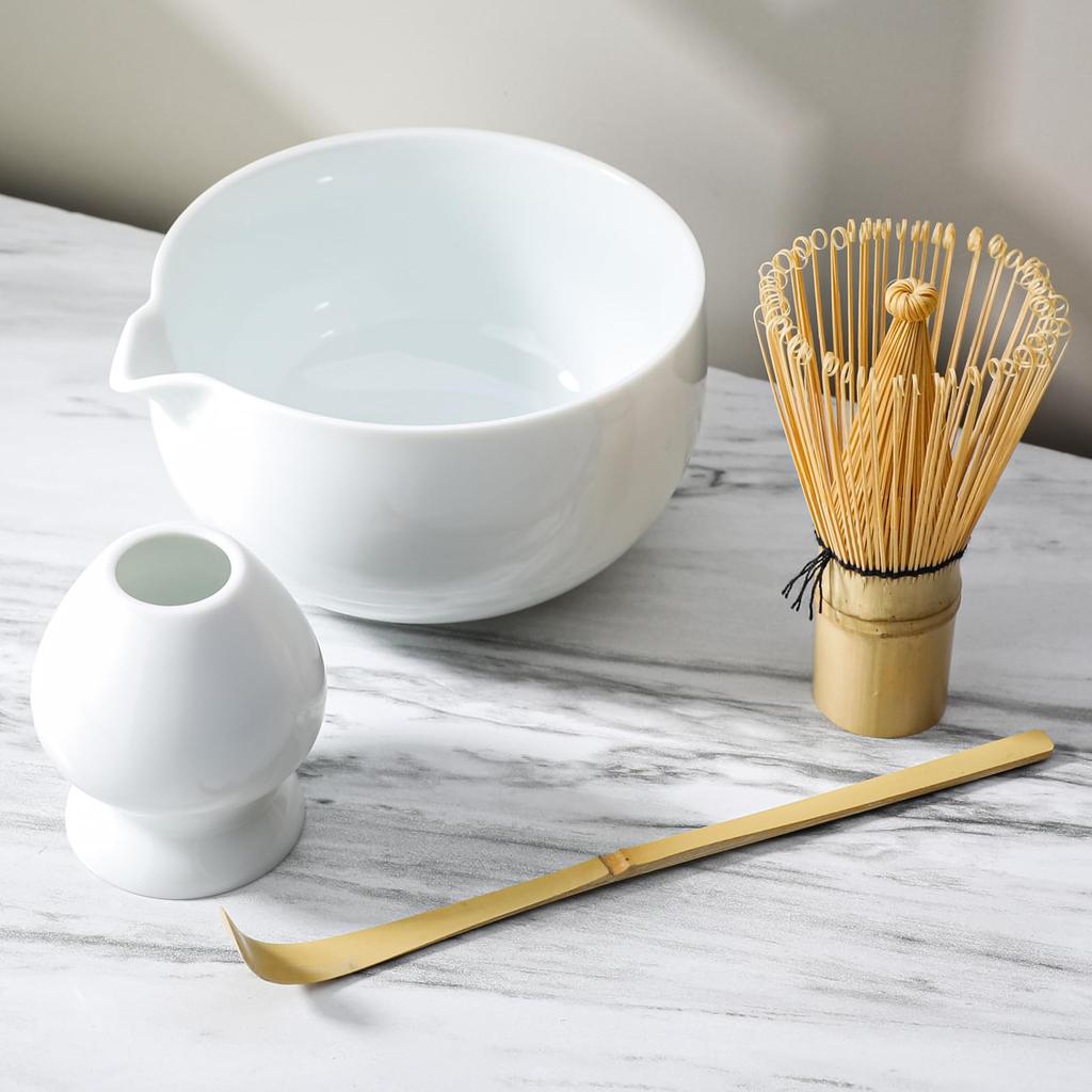 Tea ceremony set including a spouted matcha a tea whisk a tea whisk and a tea bowl, (100 prisms), stand, scoop.
