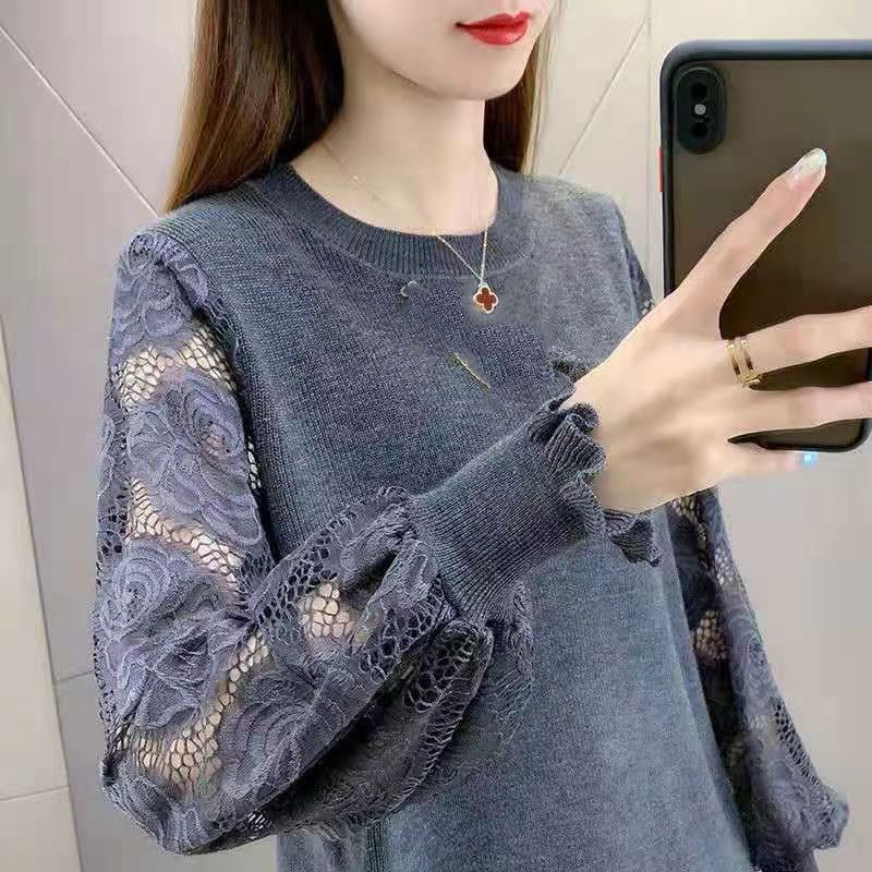 

Весна и осень французский кружевной сращивание длинный рукав основа вязаный свитер женский тонкий стиль темперамент круглый вырез свитер топ 3XL темно серый
