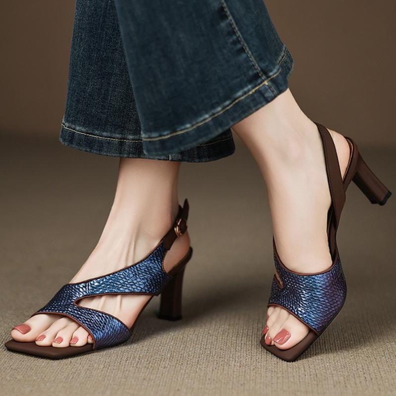 Fashion Fashion Snake Texture Leather High Heels Women Elegant Square Toe Thin Heel Sandals Summer Sexy Open Toe Dress Shoes Sandalias