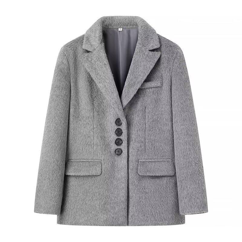 

European and American Women s Fashion Casual Loose Lapel Single-Breasted Wool Plush Coat Extra Large серый