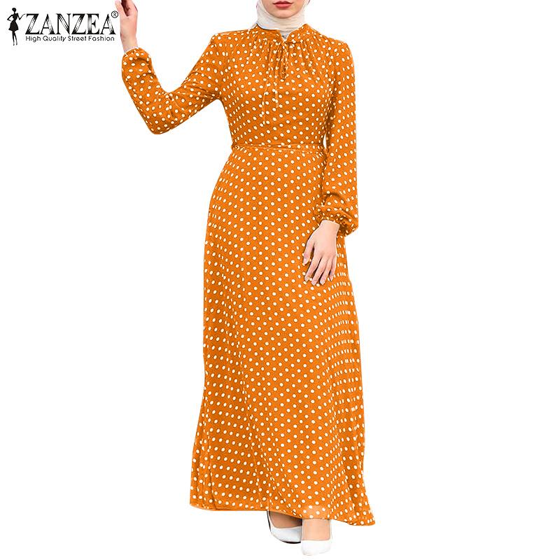 

ZANZEA Женское повседневное длинное платье с круглым вырезом и длинным рукавом в горошек