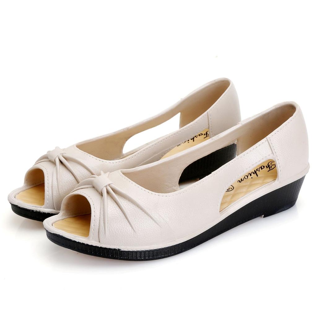 Women's PVC Plastic Sandals Casual Summer Mother's Solid Color Peep Toe Wedges Sandales Soft Bottom Middle-aged Ladies Shoes