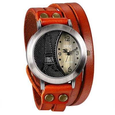 Antique Eiffel Tower Design Leather Analog Quartz European Punk Orange Watch, 4-Way Display, Band, Display, Movement, Style, Unisex,