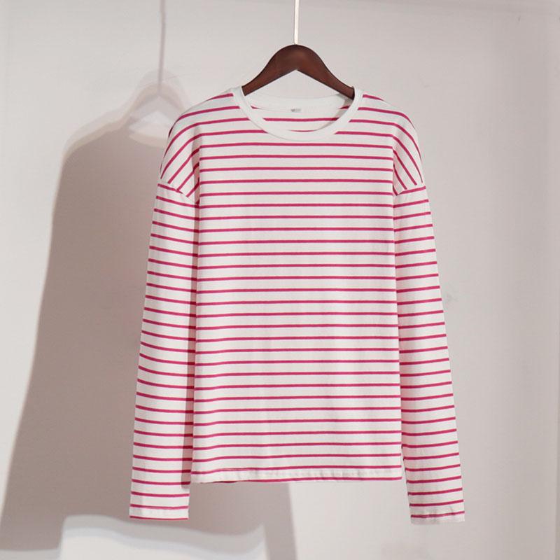 Cozy Loose Long Sleeve Striped T-Shirts Women Autumn Basic Casual Cotton Tops Round Neck Street Style Blouse