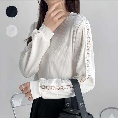 Japanese Women's Solid O Neck Long Sleeve Pullover Bark Pattern Hollowed Out Lace Sleeves Versatile T-shirt Top