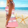 Women's Shoulder Strap Swimsuit, Pink Grid Printed Bikini Short Tank Top Swimsuit