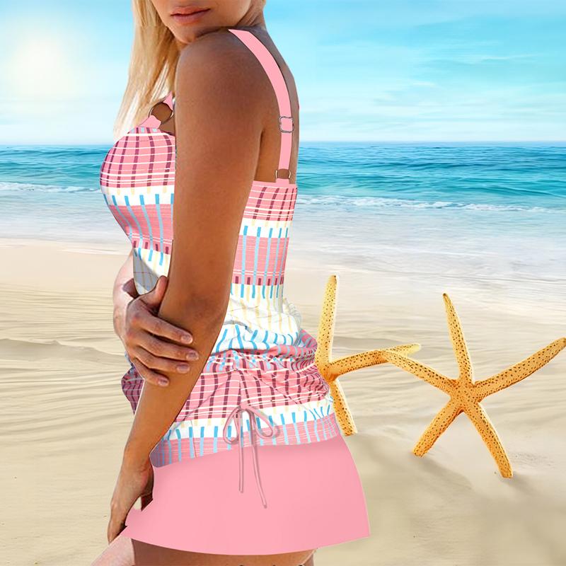 Women's Shoulder Strap Swimsuit, Pink Grid Printed Bikini Short Tank Top Swimsuit