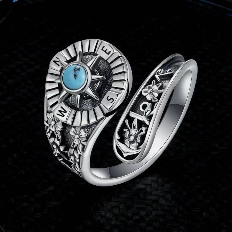 Adjustable Opening Women Vintage Ring Natural Turquoise Gemstones and Compasses Accessory Symbolic Jewelry Gift