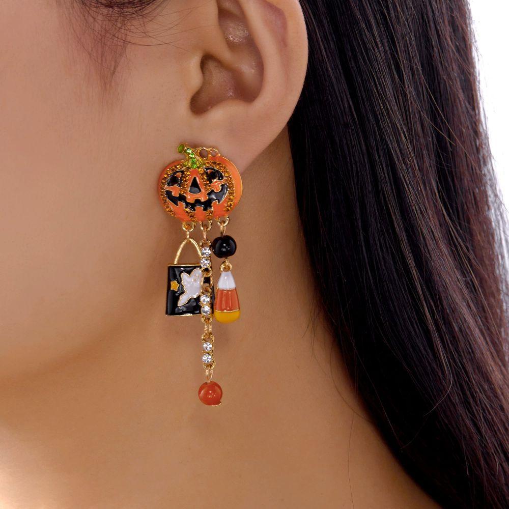 Personality Cute Pumpkin Ghost Necklace Dripping Oil Vintage Earring Punk Collarbone Chain  Women