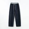 Dark Blue Colorblock Fleece Elastic Waist Casual Loose Curved Banana Jeans for Women