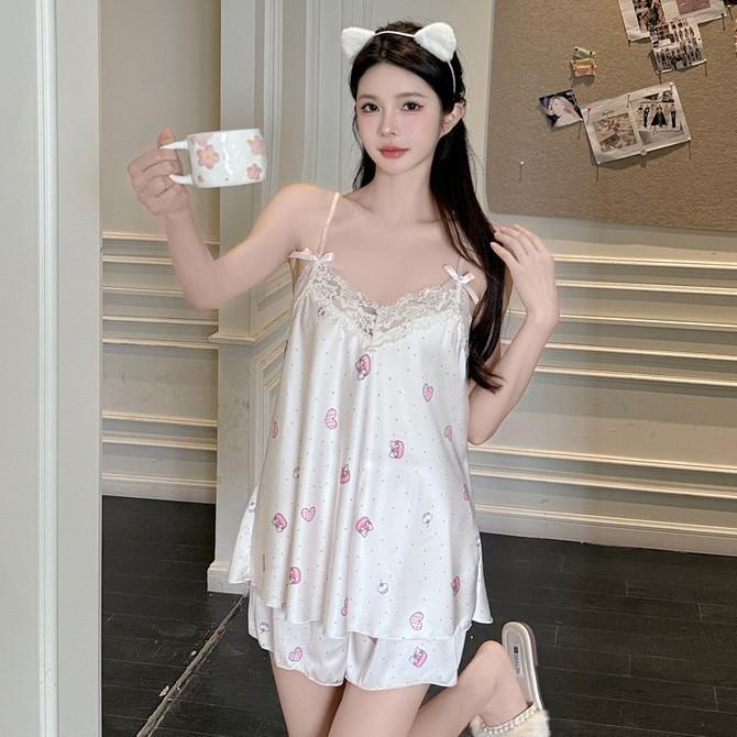 New Pajamas Women's Pure Desire Wind Suspender Shorts Loungewear Printed Pajamas Set Lace