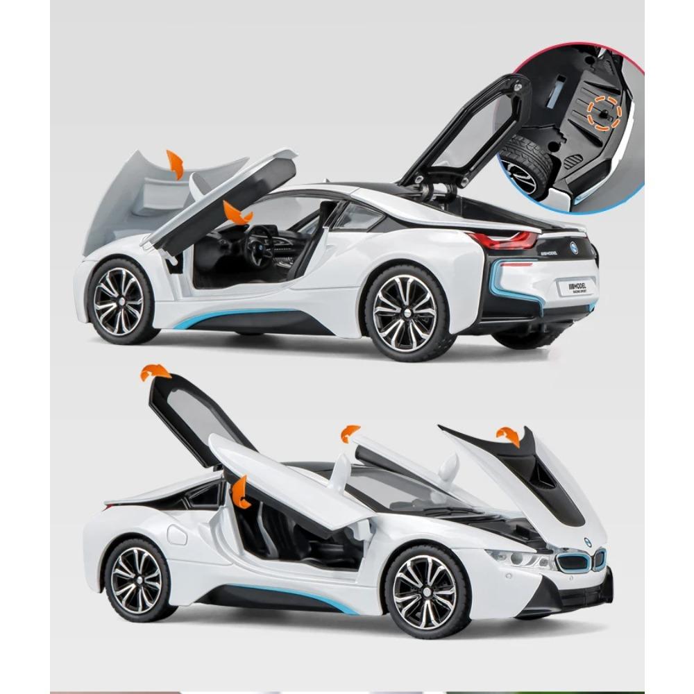 1/24 BMW I8 Supercar Legierungsauto Die-Cast & Spielzeugfahrzeuge Automodell Sound und Licht Pull-Back Auto Spielzeug für Kinder Geschenke
