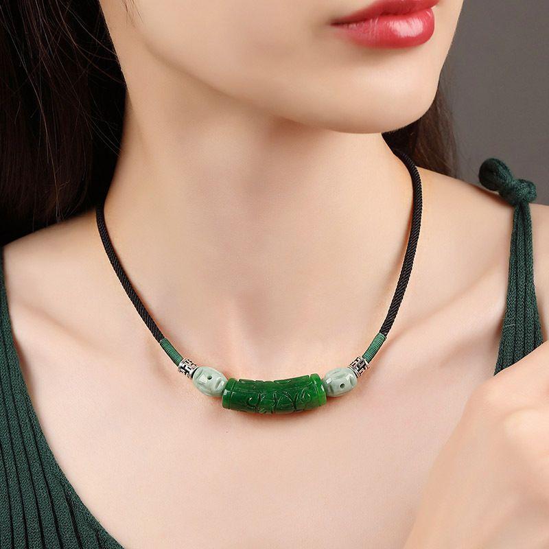 GEMCHIC Women s Vintage Ethnic Style Green Jade Necklace Handmade Carved Bamboo Pendant Choker Collarbone Chain