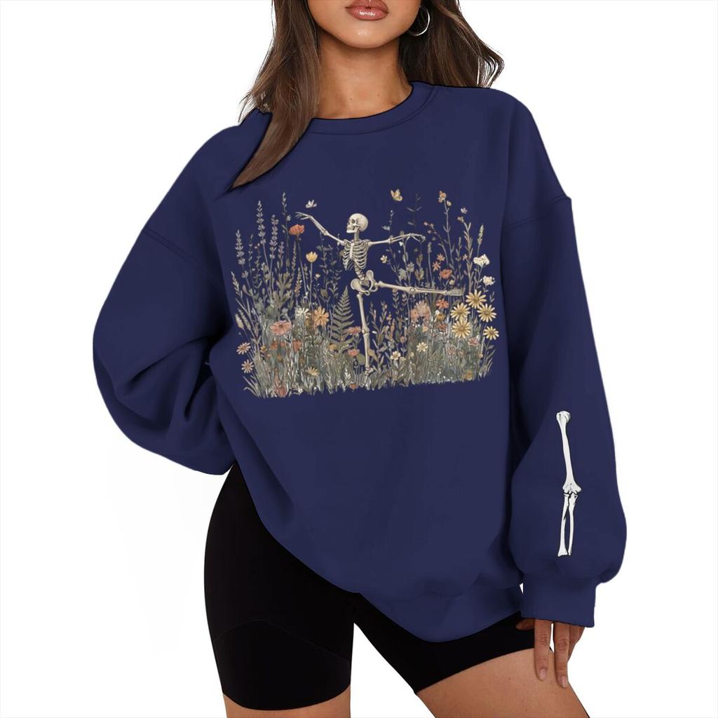 Halloween Skeleton Graveyard Print Sweatshirt Vintage Spooky Season Streetwear Fun Halloween Pullover For Men Women