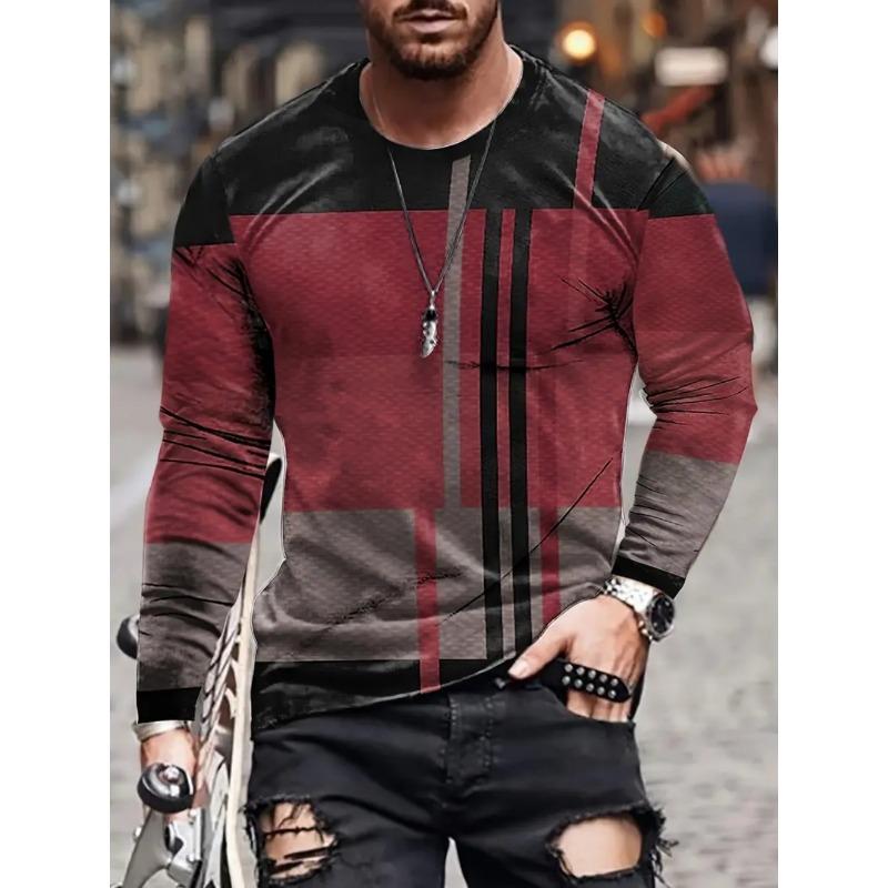 Vintage T-Shirt for Men Irregular Plaid Graphic T Shirts Round Neck Long Sleeve Tee Oversized Man Clothing Top Creative Clothing