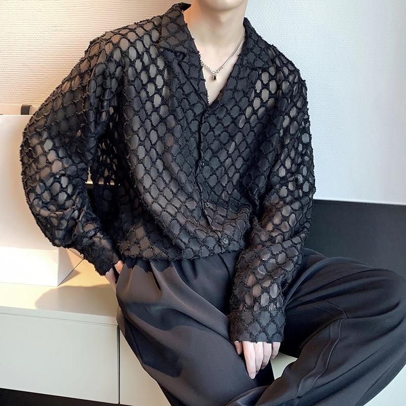 

Men s White Textured Knit Cuban Collar Shirt Casual Sheer Long Sleeve Streetwear Top M чорний