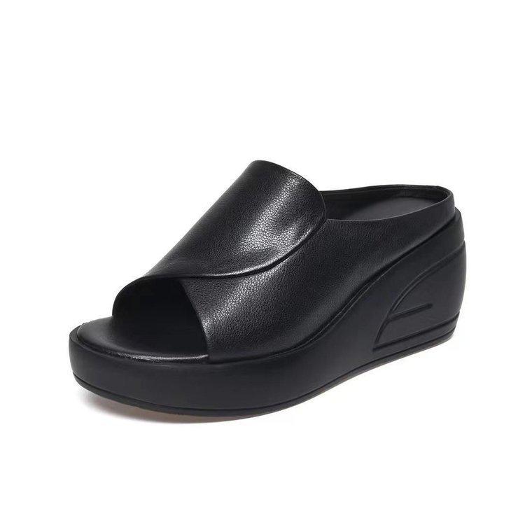 Soft Leather Wedge Sandals Muffin Thick Bottom New Summer Wear Summer High Heel One-word Slippers