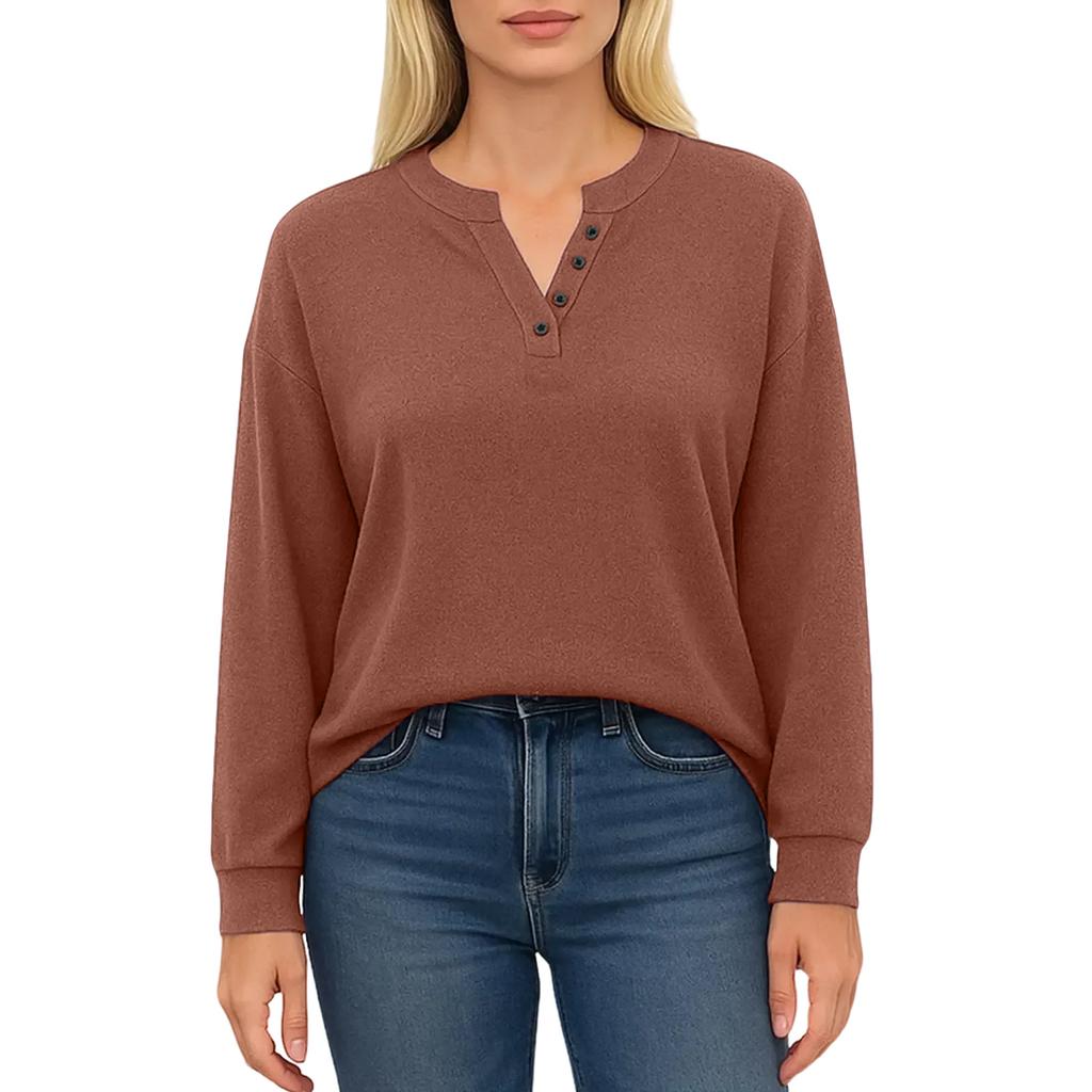 Women's Fashionable Solid Color Long Sleeved V-neck Button Casual Loose Pullover Top