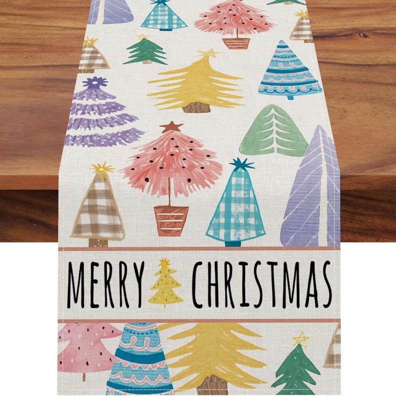 Festive Christmas Table Runner & Placemats Set - Cute Cartoon Print Heat-Resistant Coasters for Party Decor