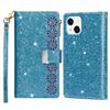 For iPhone 15 Zipper Wallet Stand Phone Case PU Leather Glittery Laser Carving Phone Cover
