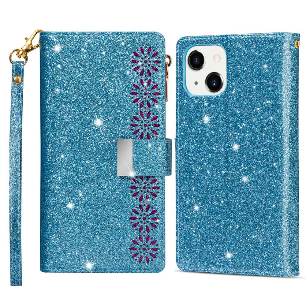 For iPhone 15 Zipper Wallet Stand Phone Case PU Leather Glittery Laser Carving Phone Cover