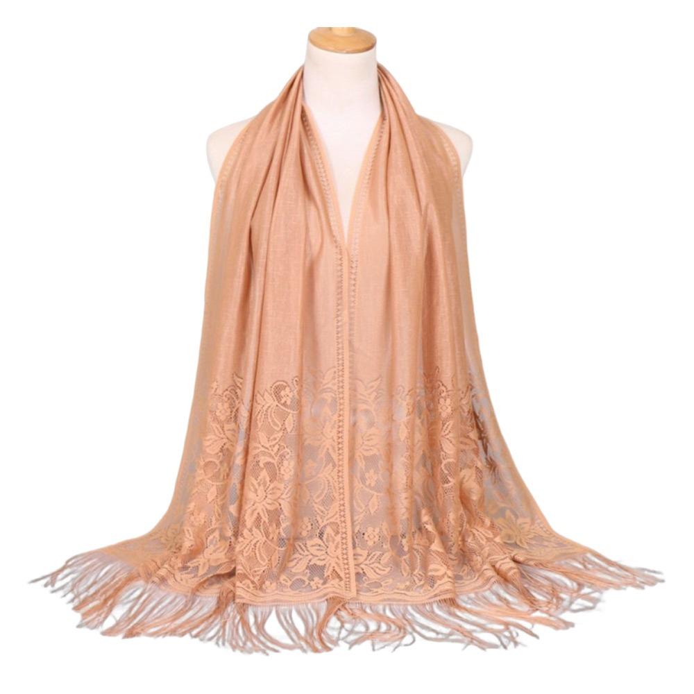 Cross-Border Solid Color Lace Scarf Cotton Blend Muga Silk Hollow Scarf Hollow Design Tassel Trim Mesh Scarf Casual Wear