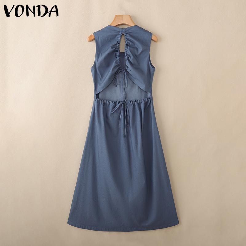 VONDA Women Round Neck Sleeveless Backless Drawstring Casual Long Dress