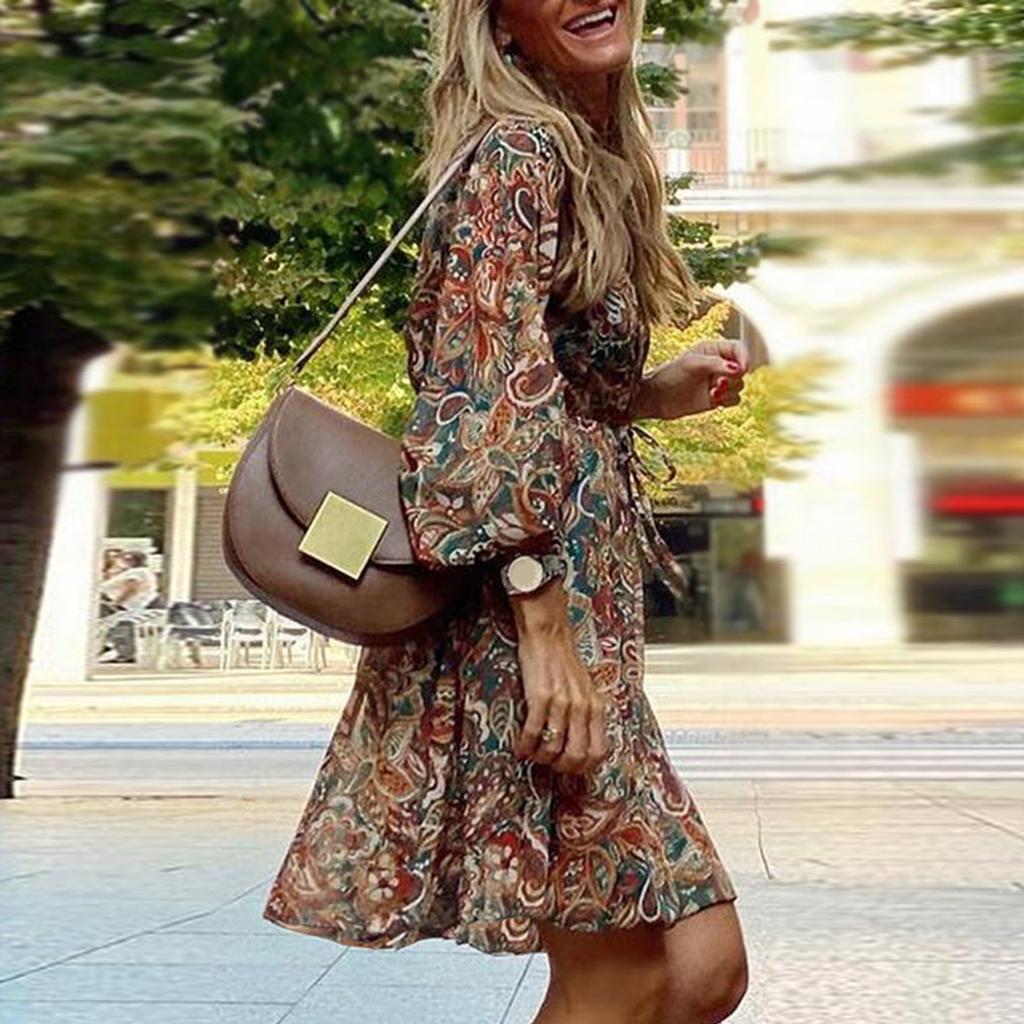 Women Mini Dress V Neck Mid Waist Colorful Floral Print Loose Three Quarter Sleeves Split Hem Above Knee Length Female Dating Party Dress