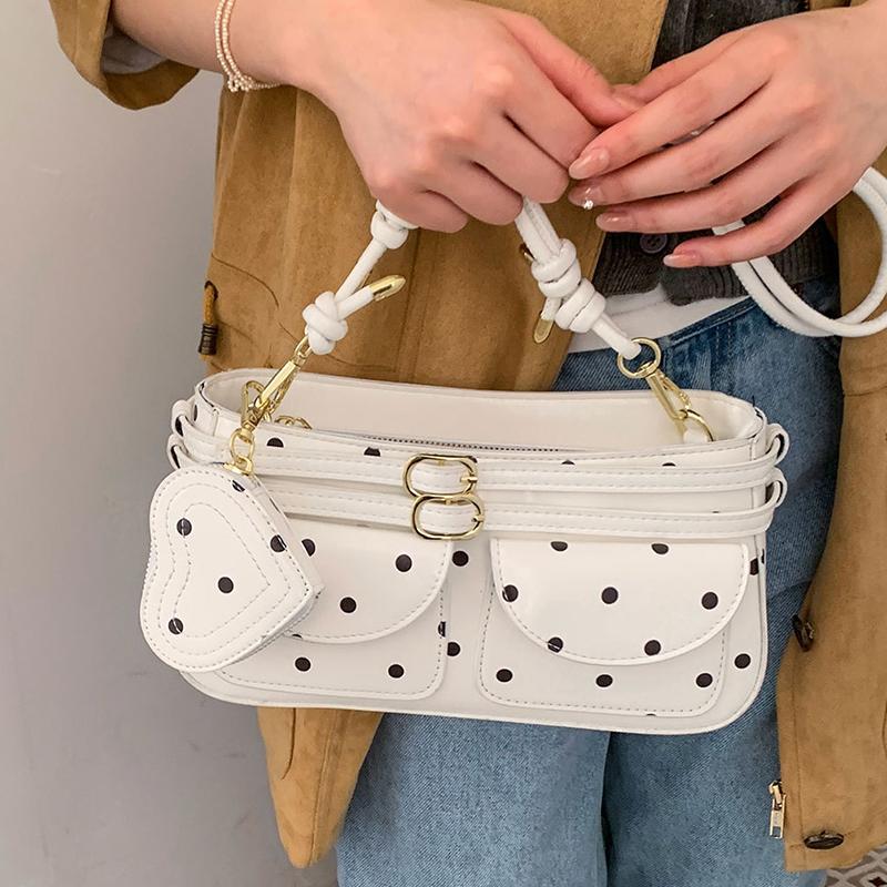 Korean Polka Dot Leather Handbag Women Heart Purse Charm Decor Shoulder Bag Fashion Belt Buckle Design Multi Pocket Underarm Bag
