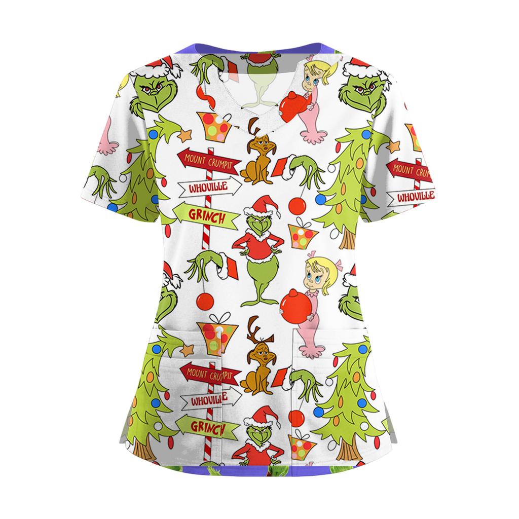 Women's Short Sleeved Christmas Printed V-neck Buttonable Side Slit Top T-shirt
