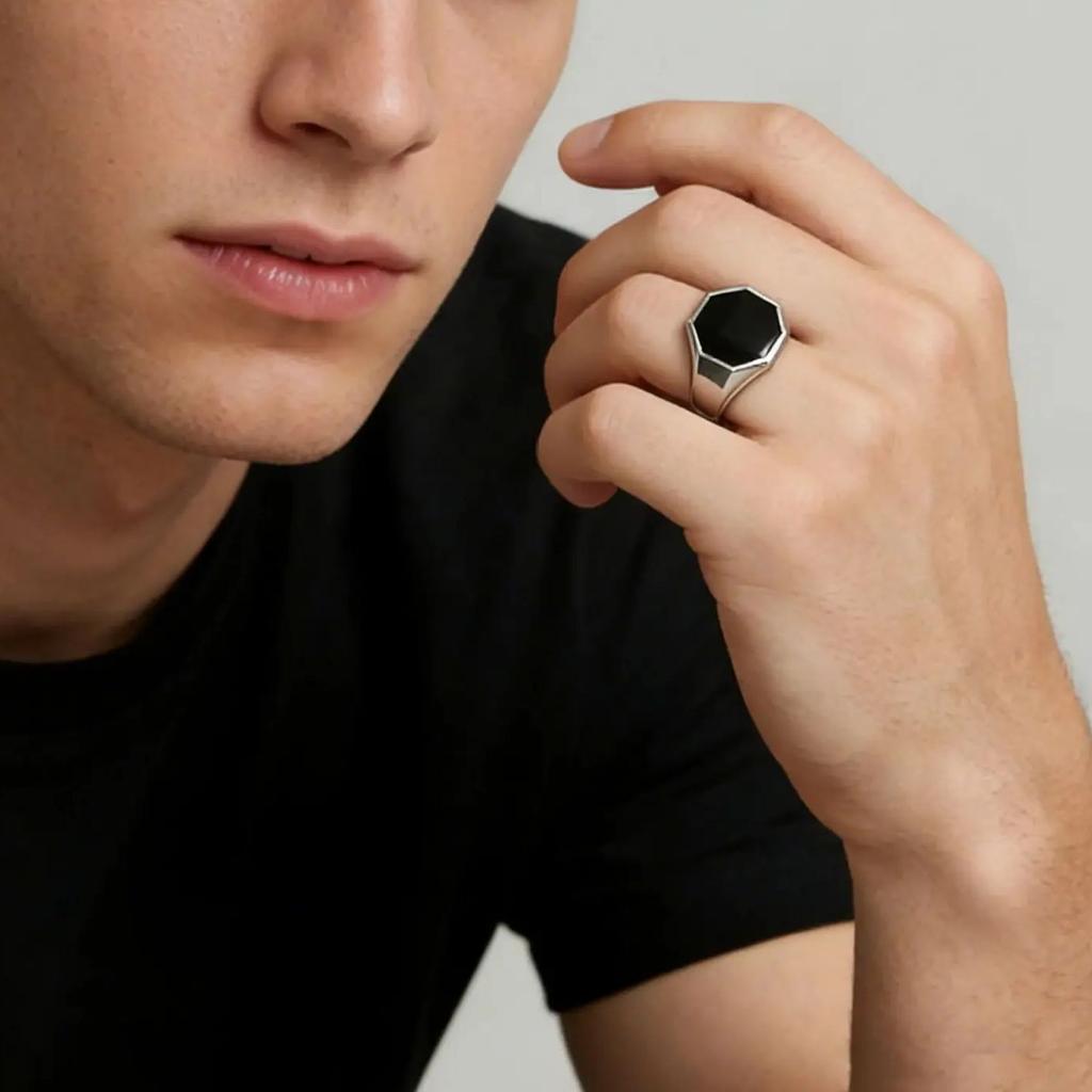 Stylish Punk Geometric Hexagon Stainless Steel Smooth Signet Ring Fashion Minimalist Jewelry for Men Him Gifts