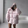 Jaqueta Acolchoada Feminina Oversized com Capuz Listras Rosas Mistura de Algodão e Poliéster Casaco de Inverno Estilo Streetwear