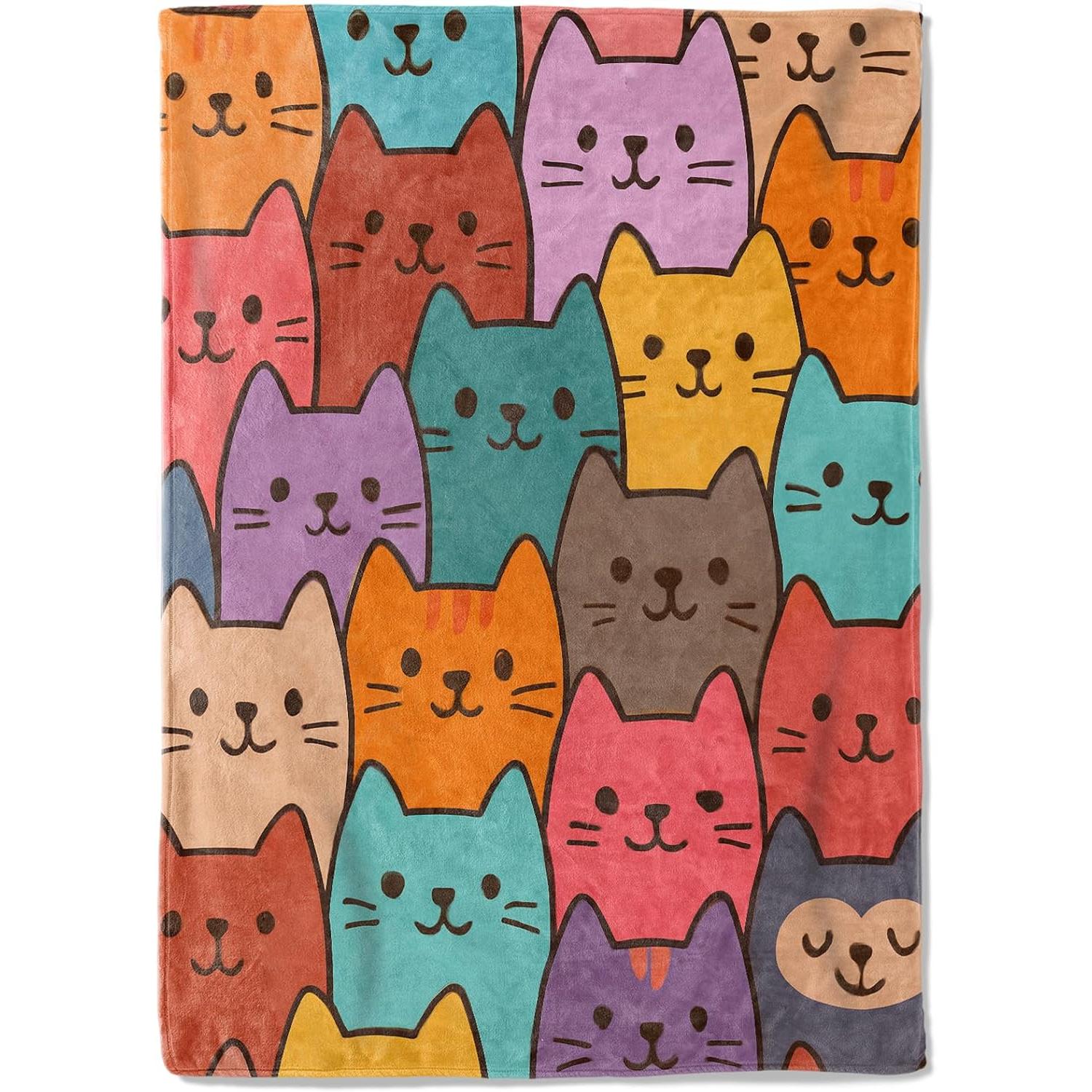 

Colorful Cartoon Cat Face Fleece Blanket,Cute Kawaii Kitten Bright Rainbow Colors Throw Blankets,Soft Cozy Lightweight, 75x90cm