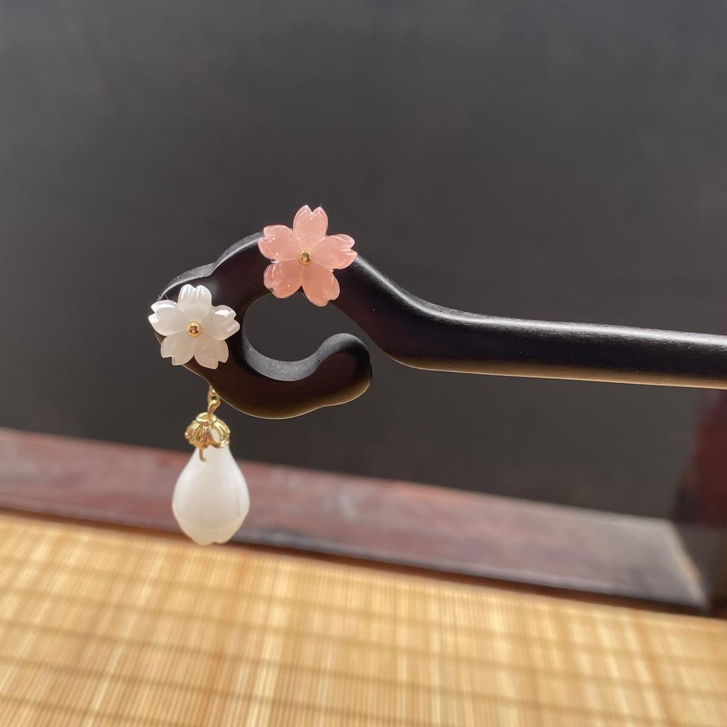 YDOONG Natural Ebony Wood Kanzashi (Handmade Single Hairpin) Simple Wooden Hair Ornament with Zodiac Signs: Auspicious Rabbit, Lucky Grass,