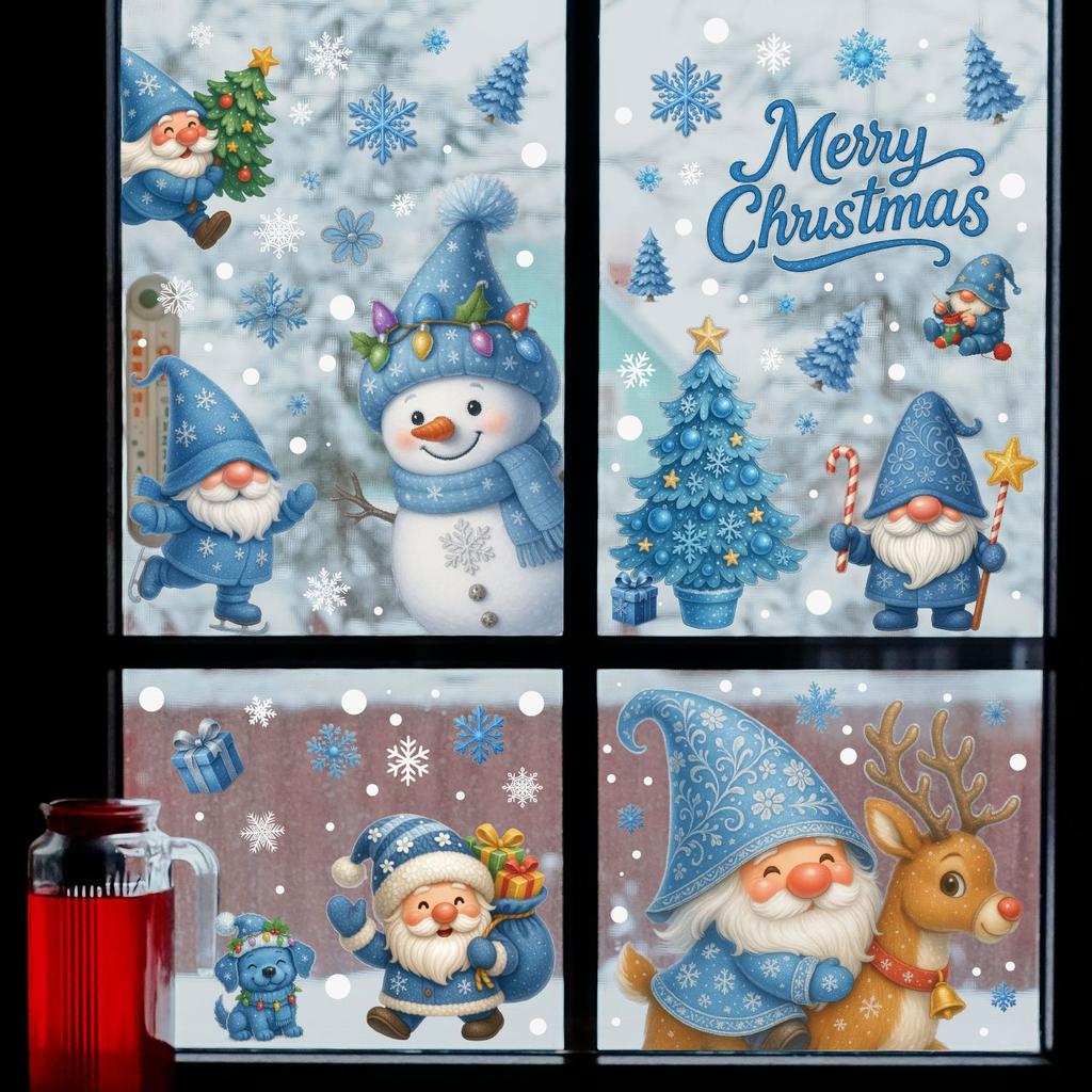 Static Cling Blue Santa Claus Snowflake Christmas Tree Window Decoration Window Sticker