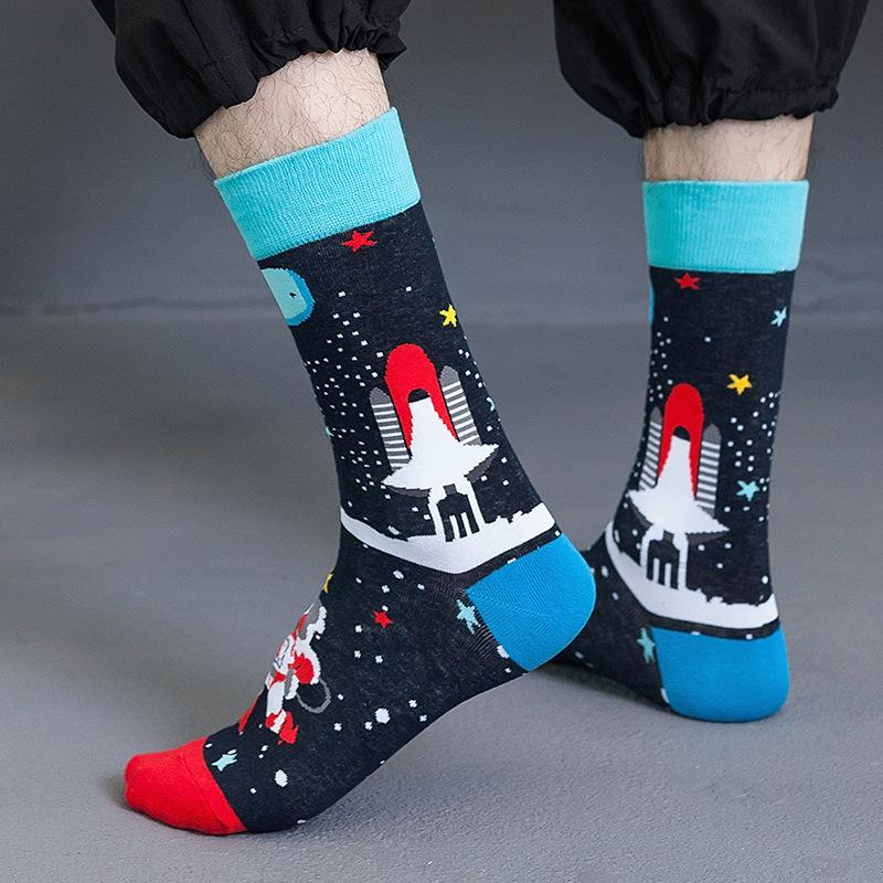 Euopean Fashion Cotton Causal Men Happy Socks Boys Hip Hop Street Skateboard Funny Firmament Space Rocket Star Male Sox Autumn