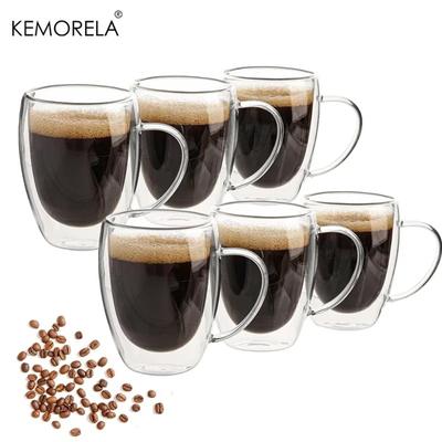 2/4/6 PIÈCES 350ML Tasse à Café en Verre à Double Paroi avec Anse Verre Transparent Tasse à Cappuccino Café Lait Thé Jus Tasse à Thé Tasses à Saké