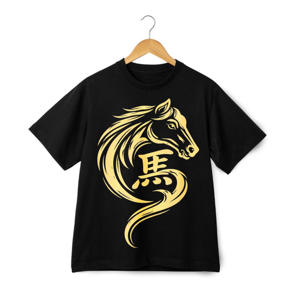 Golden Horse Chinese Zodiac Print T-Shirt, Cultural Casual Tee XXXXL