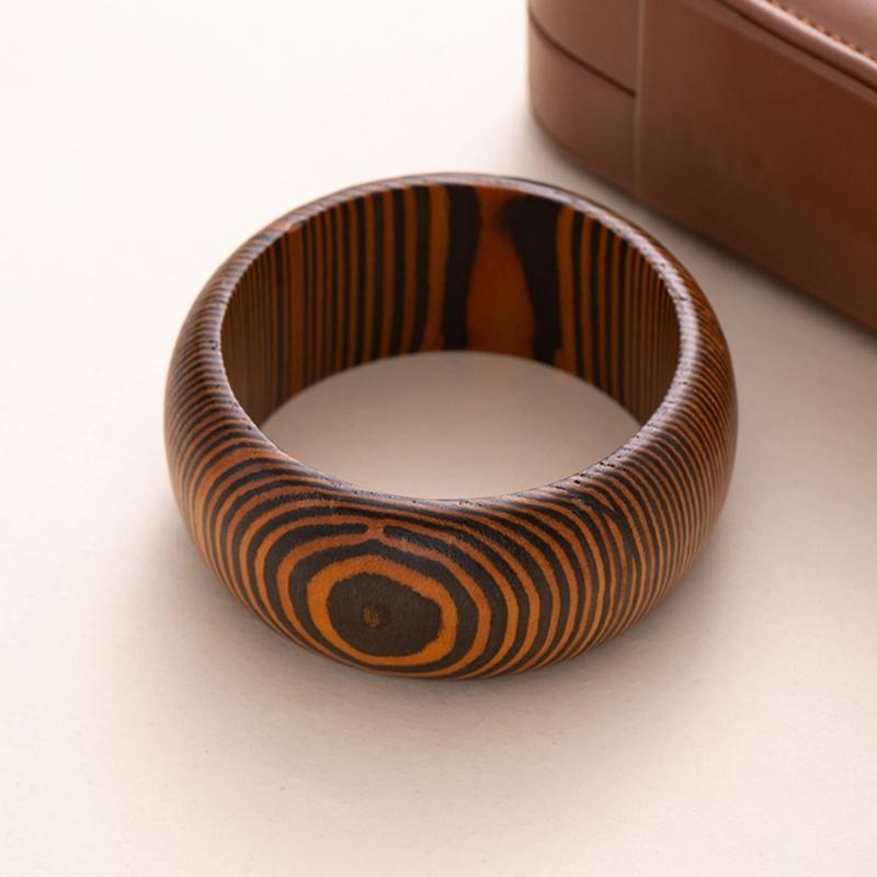 Vintage Ornate Carved Wooden Bangle Bracelet Artistic Wide Cuff For Women Elegant Natural Wood Jewelry Accessory