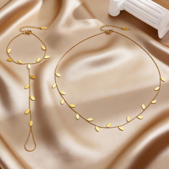 Jewelry Set French Style Leaf Design Adjustable Length Stainless Steel Necklace Mitt Bracelet Forest Theme Jewelry Accessories